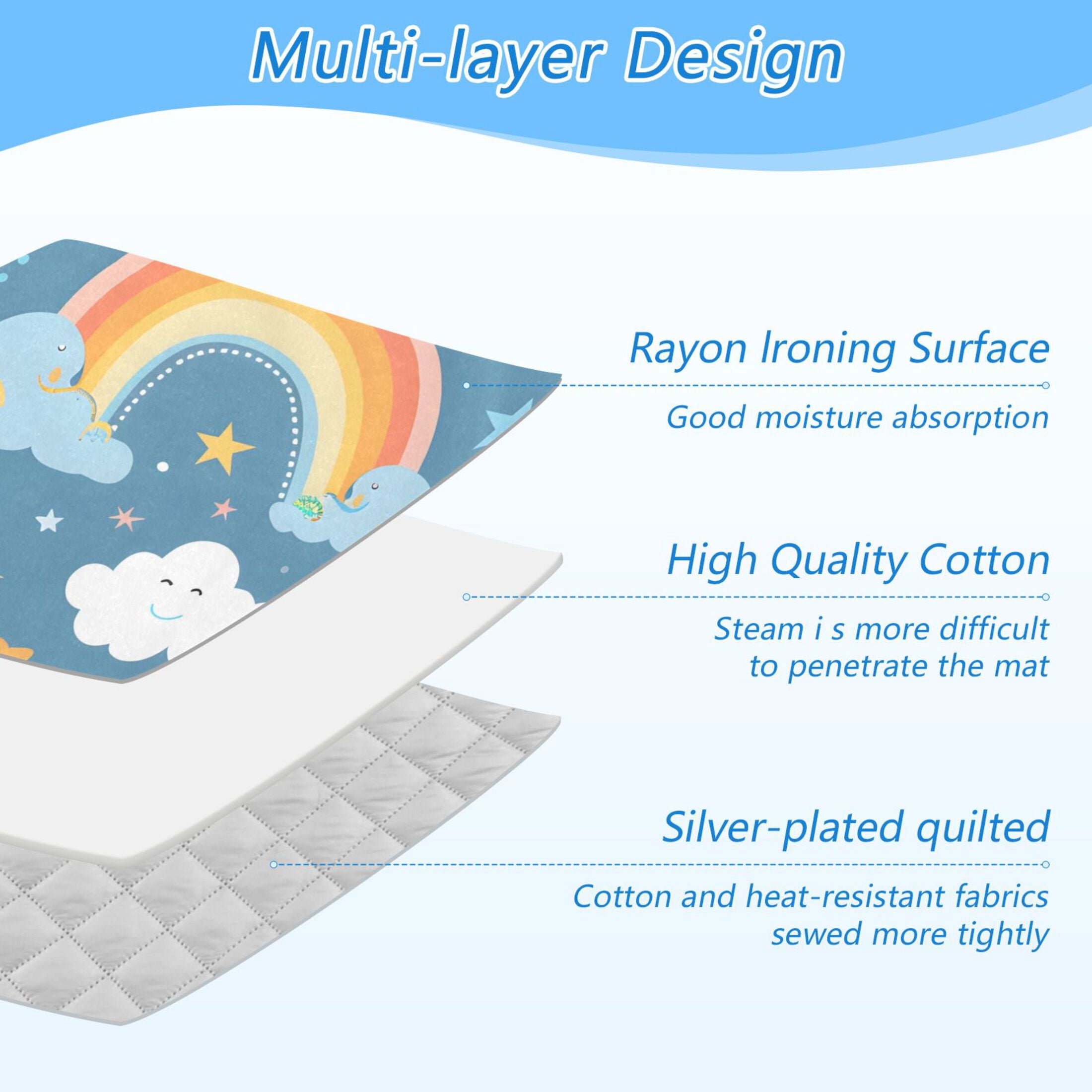 Cute Elephants Clouds Rainbows Hearts Stars Ironing Mat Blanket Portable Travel Ironing Pad Heat Resistant Pad 47.2" x 27.6”