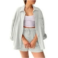 thumbnail image 2 of Teissuly Women's Summer Two Piece Neck Long Sleeve Shirt High Waist Drawstring Large Shorts Casual Set, 2 of 5