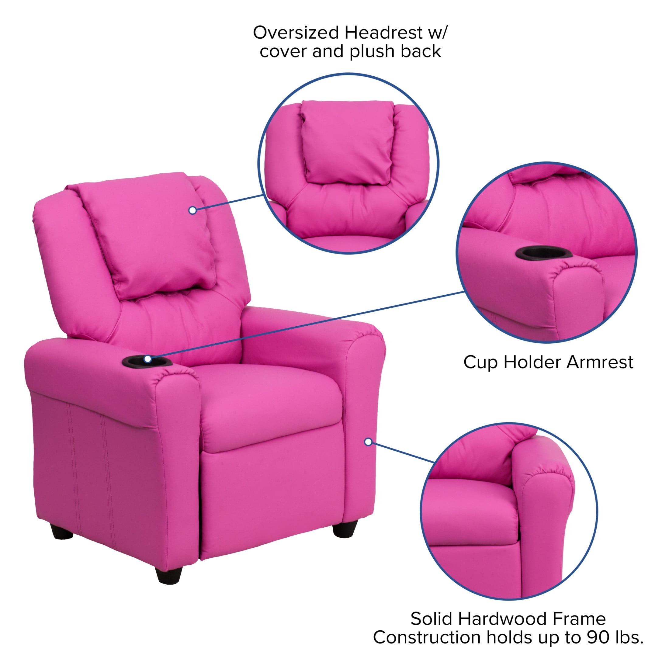 Flash Furniture Vana Contemporary Hot Pink Vinyl Kids Recliner with Cup Holder and Headrest
