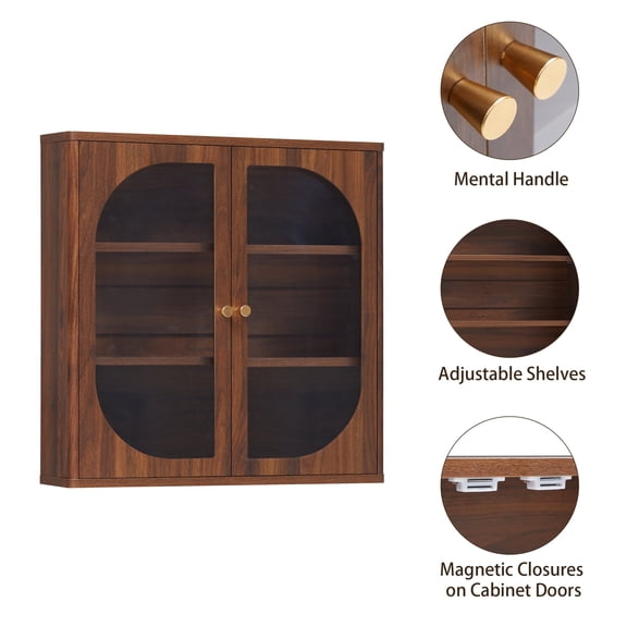 Wirrytor Walnut Wall Storage Cabinet, Farmhouse Bathroom Shelf with Glass Door, Medicine Wall Mounted Cupboard