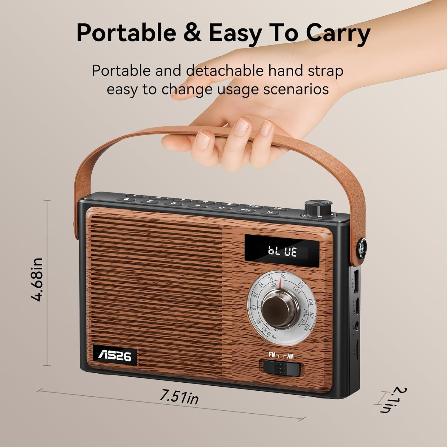 Portable AM FM Radio Bluetooth,Retro Transistor Radio,Rechargeable Vintage Wireless Radio with Digital Display,Support USB/TF/AUX Player,Battery Powered or DC,for Home Office Outdoor,Gifts for Senior
