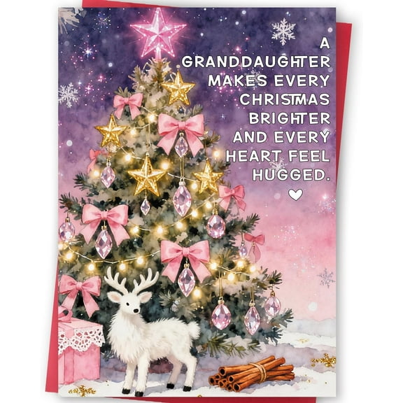 Granddaughter Christmas Card – “A Granddaughter Makes Every Christmas Brighter” – Beautiful Tree Design with Glitter Accents – Perfect Holiday Gift Card for Granddaughter