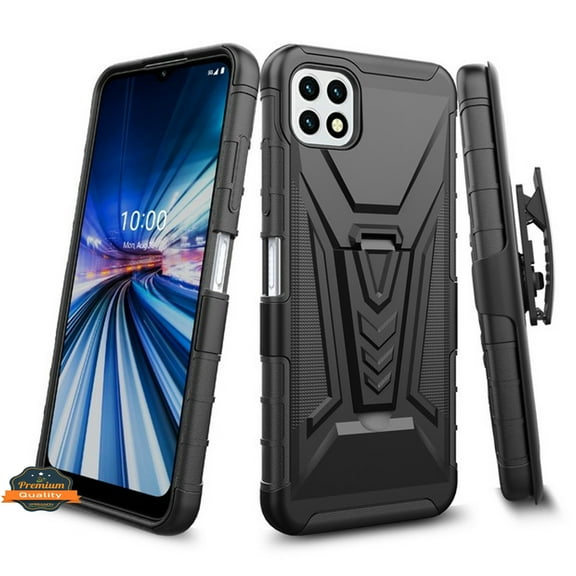 For Samsung Galaxy A22 5G Hybrid Armor Kickstand with Swivel Belt Clip Holster Heavy Duty 3 in 1 Defender Shockproof Rugged Phone Case Cover by Xpression [Black]