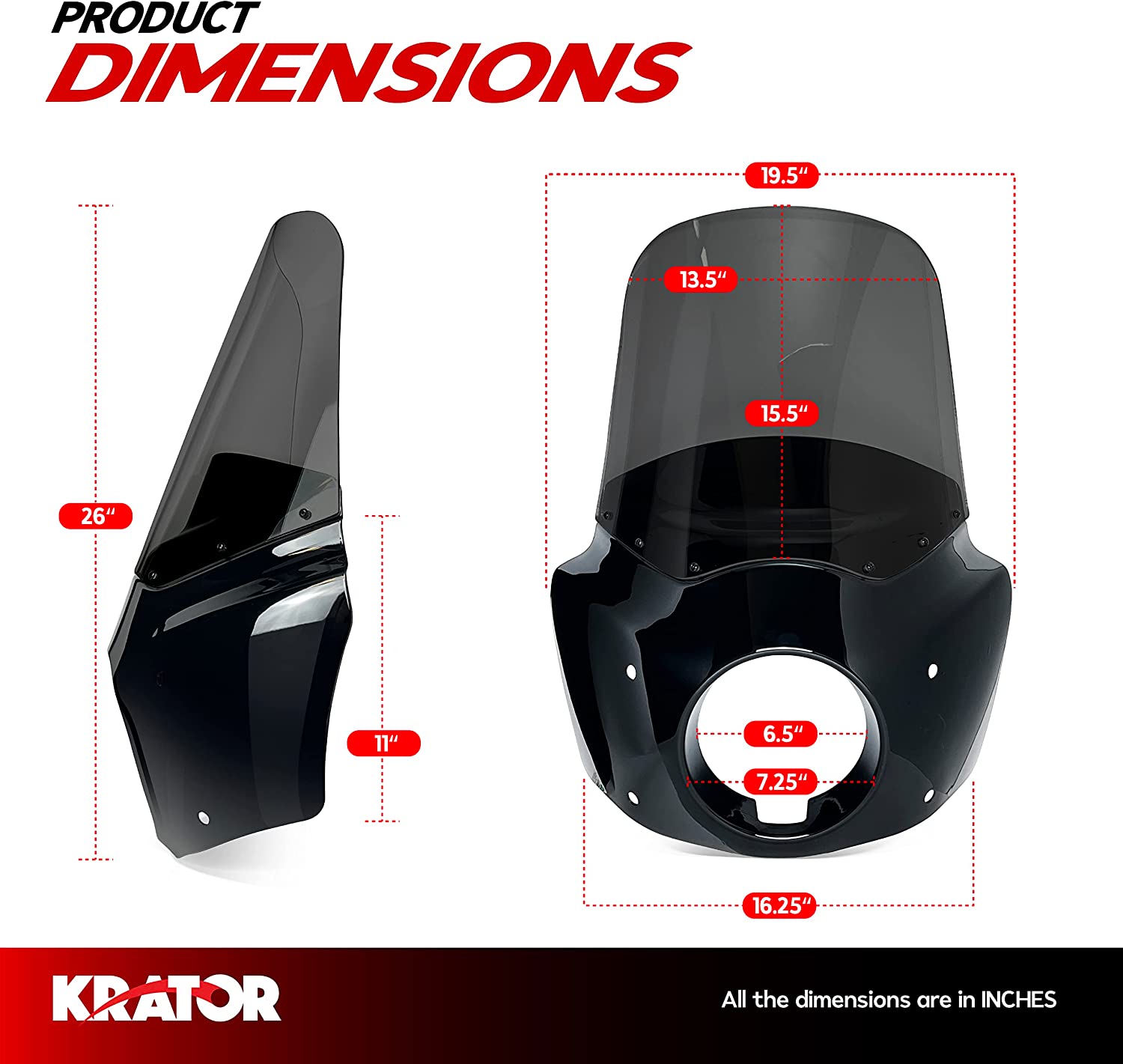 Krator Motorcycle Windshield & Fairing Complete Kit, Road Warrior Windshield, Compatible with Harley Davidson Dyna and Softail, Motorcycle Accessories, Glossy Black and Smoke Windscreen, 15" Height