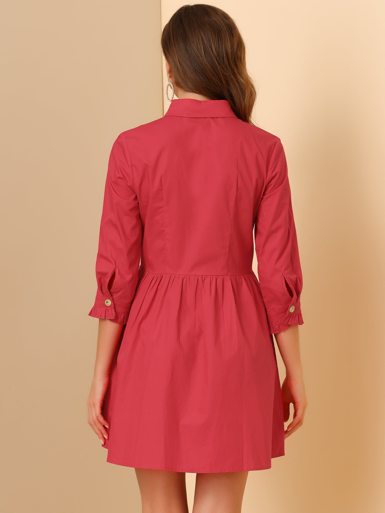 DARING DIVA Elegant Collar Flare 3/4 Sleeve Button Mini Shirt Dress XL Red