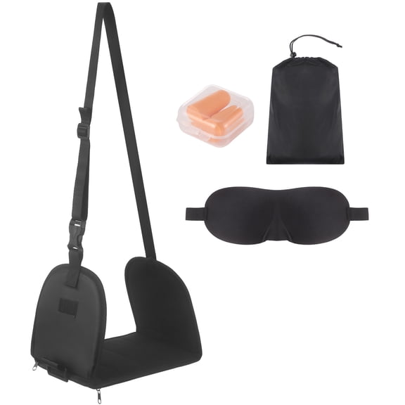 Airplane Footrest with Storage Bag, Sleep Mask and Earplugs, Portable Adjustable Foot Hammock with Non-slip Hard Board Support, Ergonomic Flight Travel Footrest Kit for Train, Bus, Office