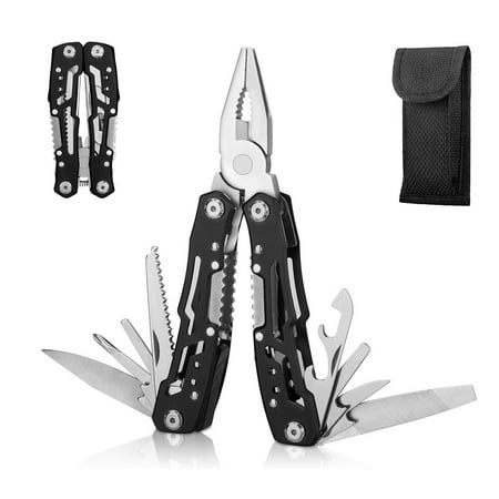 Emlimny 14-In-1 Multitool with Safety Locking Professional Stainless Steel Multitool Pliers Pocket Knife Bottle Opener Screwdriver with Nylon Sheath for Outdoor Camping and Hiking Black