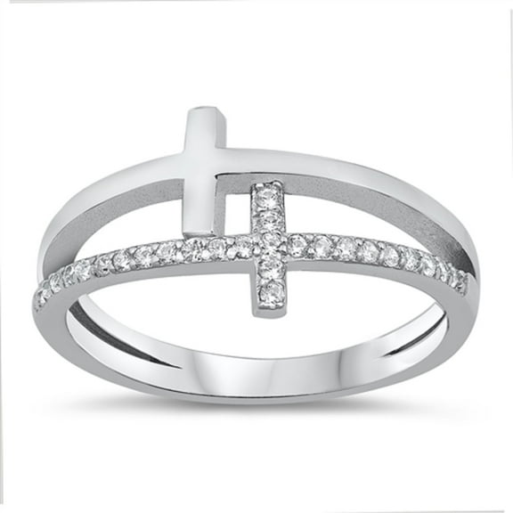 Clear Cubic Zirconia Double Sideway Cross Ring Sterling Silver Size 8