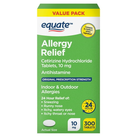 Equate 24 Hour Cetirizine Hydrochloride Allergy Relief Tablets, 10 mg, 300 Count