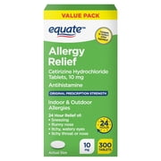 Equate 24 Hour Cetirizine Hydrochloride Allergy Relief Tablets, 10 mg, 300 Count