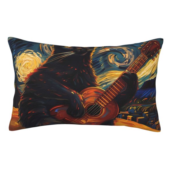 Balery Starry Night Cat Guitarist Funda de Cojín Estampada, Regalos para Mujeres, Regalos de Amor para Ella, Regalos para Novia o Esposa, Funda de Almohada-16"x24"
