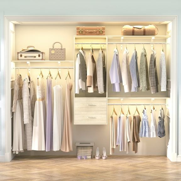 Homieasy 20" - 96" Wall Mounted Wardrobe with Drawers, 8FT Wardrobe Organizer with 3 Shelf Tower and Hanging Rods, Wardrobe Armoire for Bedroom/Closet, White Oak