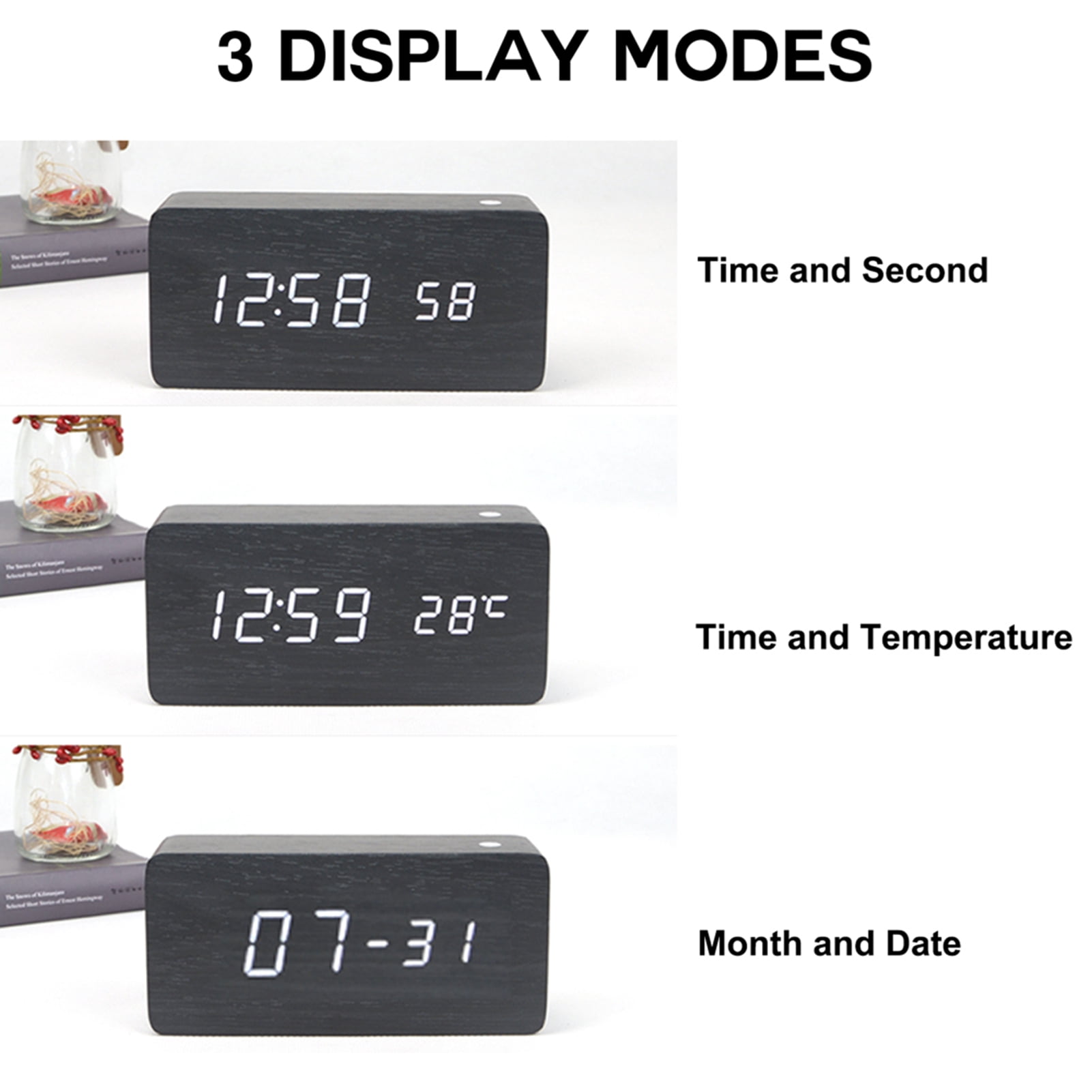 BIMZUC Wooden Digital Alarm Clock 8 Levels Adjustable Brightness LED Display Sound Control Date Temperature Display Minimalist Bamboo Design 5.9 inches