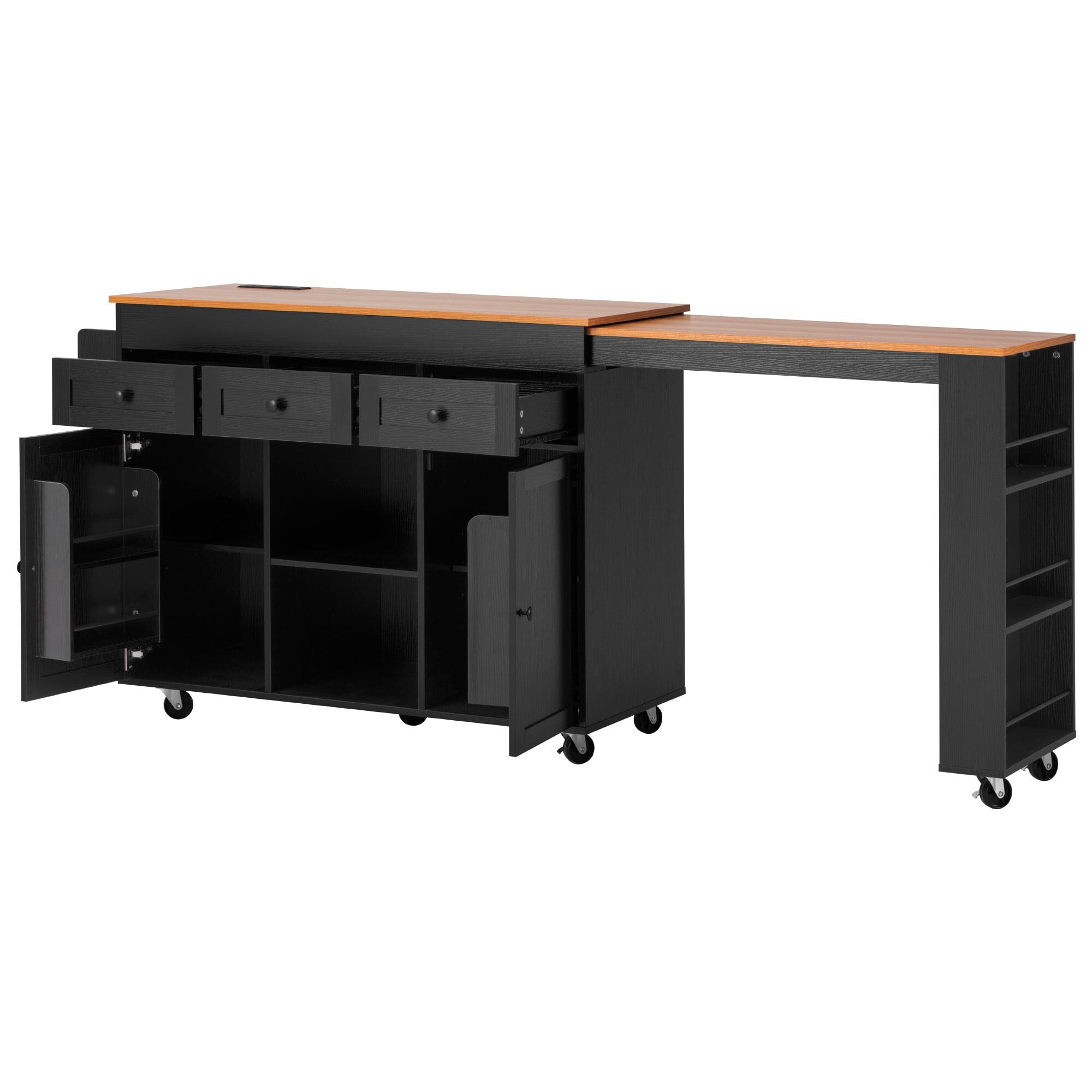 AENKYO 85.5" Kitchen Island with Extendable Table, Charging Station, Mobile Serving Cart with Storage Shelves, Black