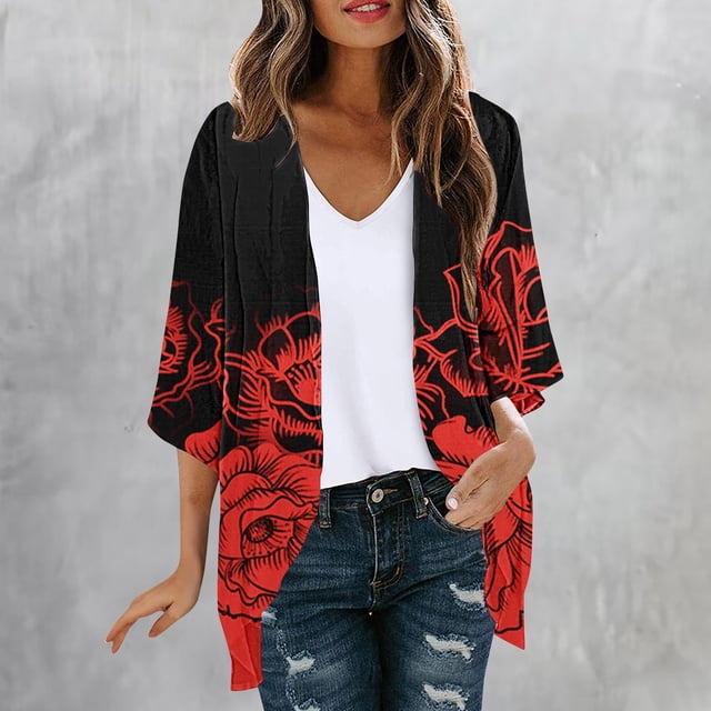 UPPADA Cardigan à Manches 3/4 pour Femmes, Léger, Chic, à Imprimé Floral, Ouvert à l'Avant, par-Dessus de Plage, Décontracté, Fluide, Mignon, Rouge, XXXXXL