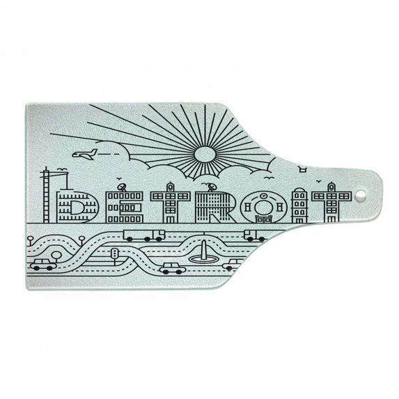 Detroit Cutting Board, Detroit City Typography with Building Letters Transportation and Air Balloon, Tempered Glass Cutting and Serving Board, Wine Bottle Shape, Black and White, by Ambesonne