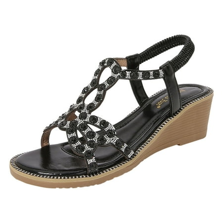 

Yzengfg New Rhinestone Roman Sandals Summer Bohemian Ethnic Style Open Toe Thick Sole Wedge Women s Shoes Womens Studded Jelly Flip Flops Sandals with Bow