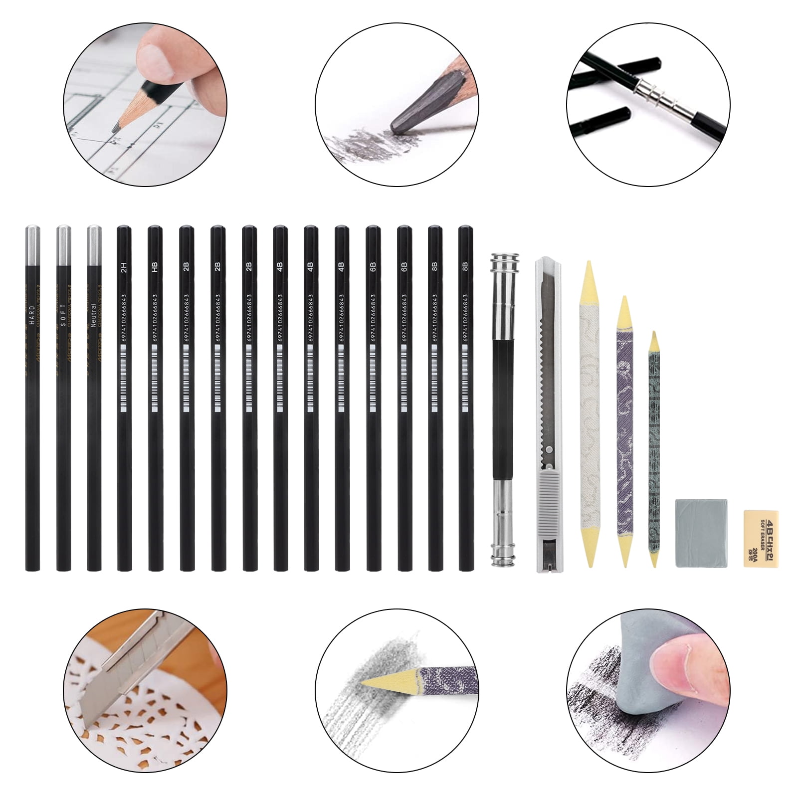 Heshengping Kit de 31 lápices de dibujo para dibujar, estuche de viaje  portátil para artistas, incluye grafito, carbón, lápiz de color blanco,  tocón