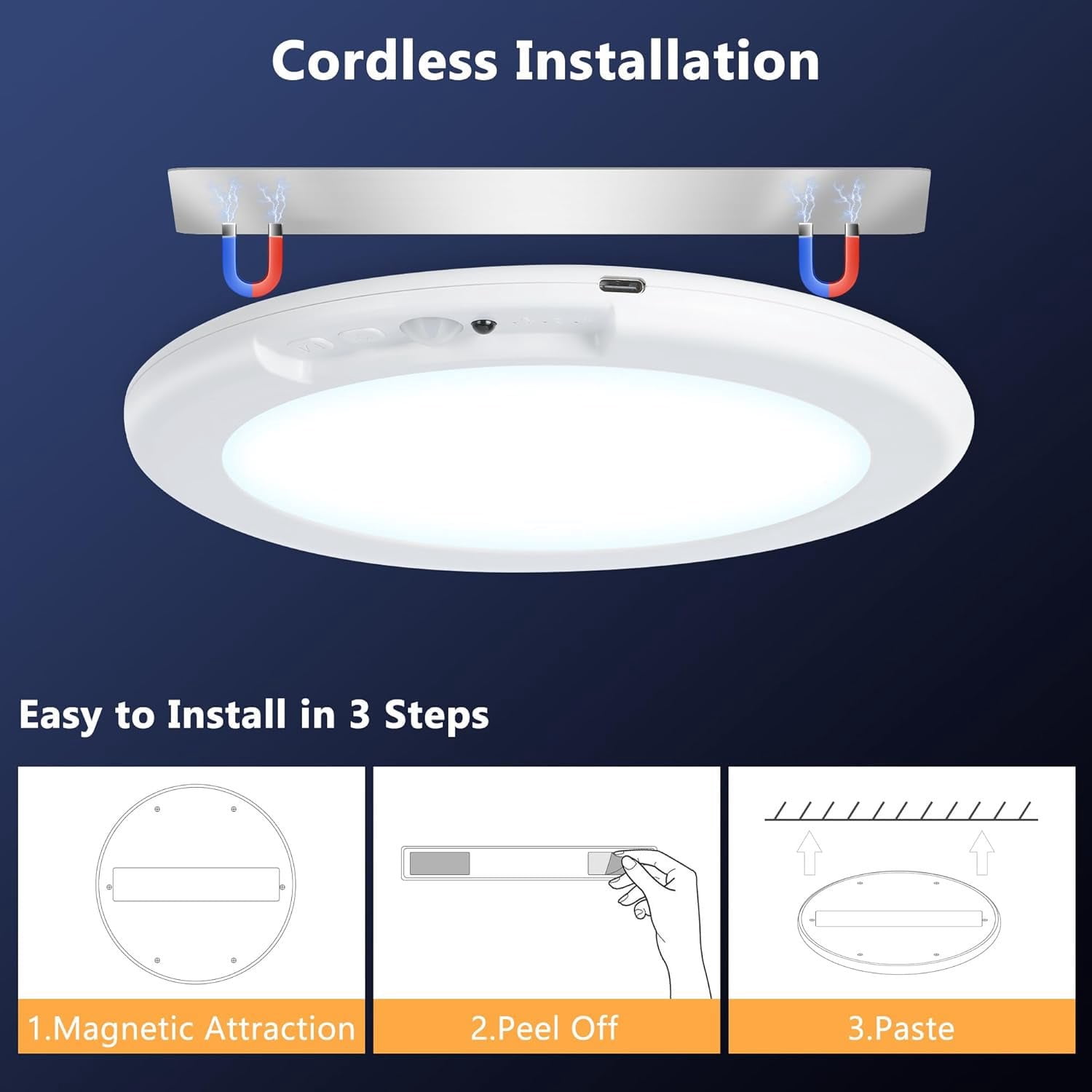Alficedo 2Pack Sensor Ceiling Lights, Wireless Rechargeable LED Light with Remote, Supports Dimmable Timing for Attics Hallways Bathrooms Garages