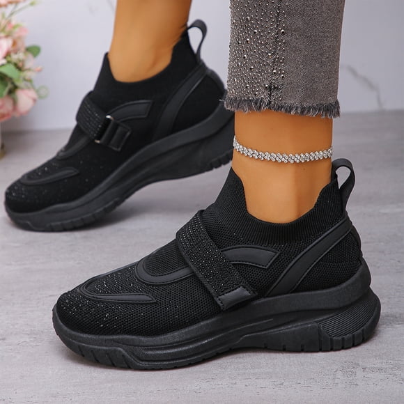 HTHLVMD Slip-On Knit Sneakers, Velcro Strap Athletic Shoes, Women's Comfortable Sporty Shoes, Shoes Tennis Running Walking Shoes Lightweight Breathable Athletic Sneakers, Black 8