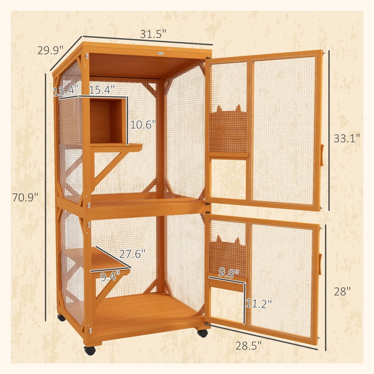 オレンジ型キャットハウス PawHut Large Cat House for 1-3 Cats on Wheels Wooden Catio
