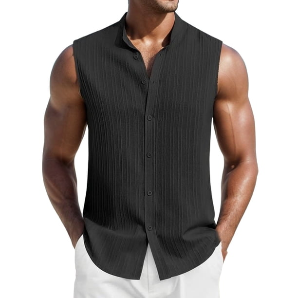 Camiseta sin mangas con estampado de rayas para hombre: prenda deportiva informal para climas cálidos y fácil de cuidar