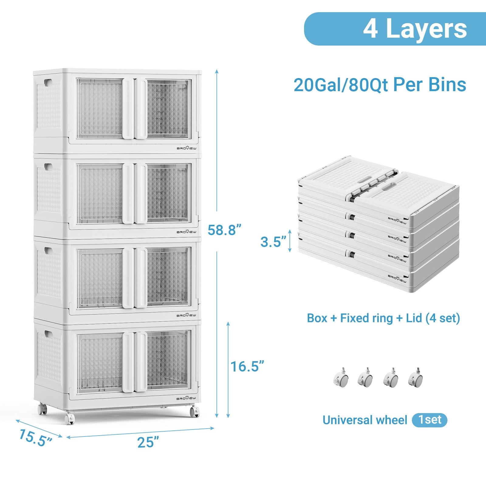 BROVIEW V10 480 Qt Plastic Storage Bins with Lids & Doors, 4 Pack 120Gal Stackable Closet Organizer and Storage Drawers with Wheels, Large Collapsible Storage Boxes, Cabinet for Home, White