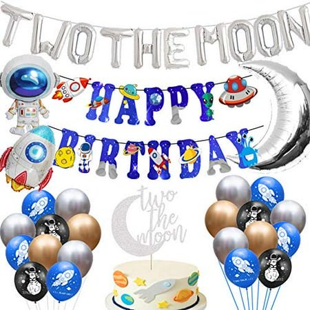 Two the Moon Birthday Party Supplies 2 the Moon Space Balloons Outer Space Banner Two the Moon Cake Topper Galaxy Astronaut Space Man Robot UFO Theme