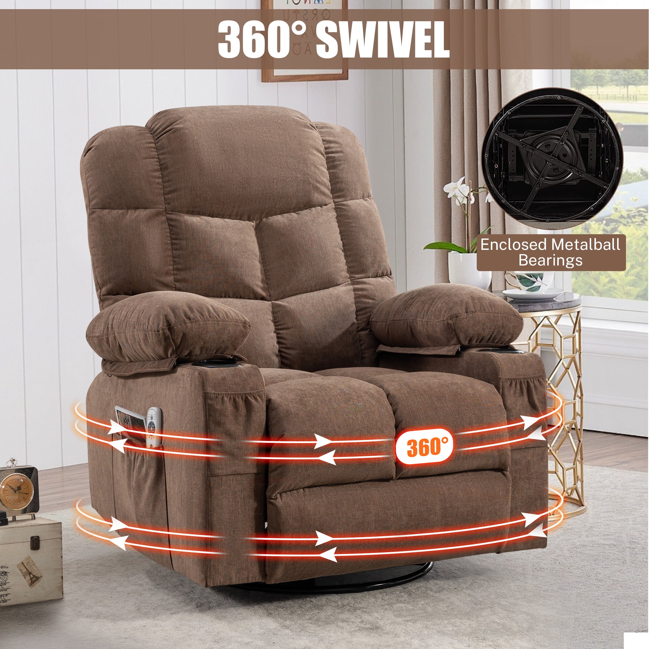 Sesslife Swivel Rocker Recliner Chair with Heat and Vibration Massage, Manual Fabric Lounge Chair with Side Pockets, 2 Cup Holders, USB Charge Port, Single Sofa Chair for Bedroom Theater, Brown
