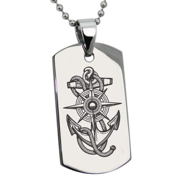 Stainless Steel Nautical Compass Dial & Anchor Engraved Dog Tag Pendant Necklace