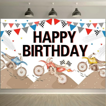 Image of Dirt Bike Happy Birthday Backdrop Watercolor Motocross Motorcycle Photography Background Racing Bike Extreme Sports Themed Birthday Party Supplies Decorations Cake Table Photo Booth Props (5x3ft)