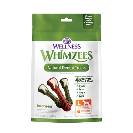 Wellness WHIMZEES Brushzees Natural Dog Dental Treat, VOHC Accepted Chews, Freshens Breath, Large Size, 12.7 oz Bag, 6 Count