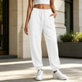 thumbnail image 4 of Women's Solid Jogger Pants Elastic Waist Adjustable Drawstring Loose Athletic Long Trousers with Pockets, Soft Casual Sport Bottoms for Workout, Daily Walking and Loungewear White, 4 of 7