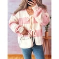 thumbnail image 4 of Women'S Loose Casual V-Neck Long-Sleeved Sweater Jacket Striped Contrast Lace-Up Knitted Cardigan Pink XL, 4 of 8