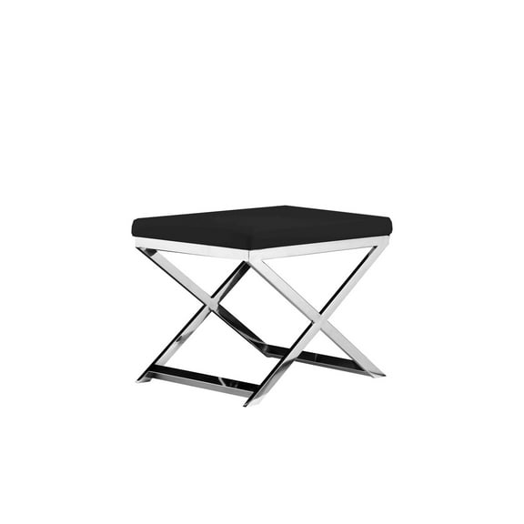 Benjara Sovi 20" Accent Stool Ottoman- Steel Legs- Cushioned Black Faux Leather