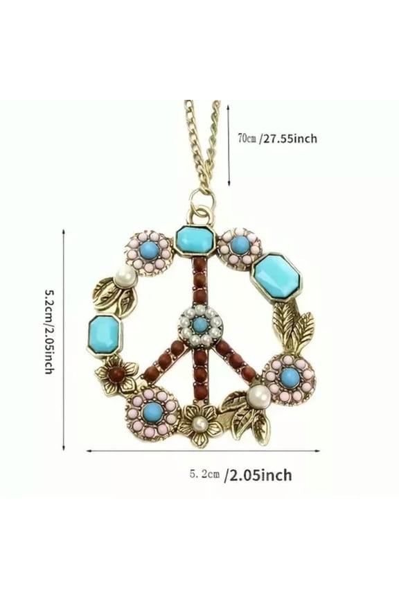 Retro Inlaid Gemstone Flower Peace Sign Necklace Jewelry Men Women Holiday Gift