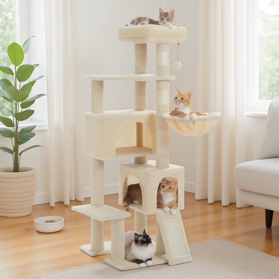 Pefilos 51" Cat Tree for Indoor Cats, Cat Tower with 2 Cozy Condos, Top Perch, Hammock, Climbing Ladder, Beige