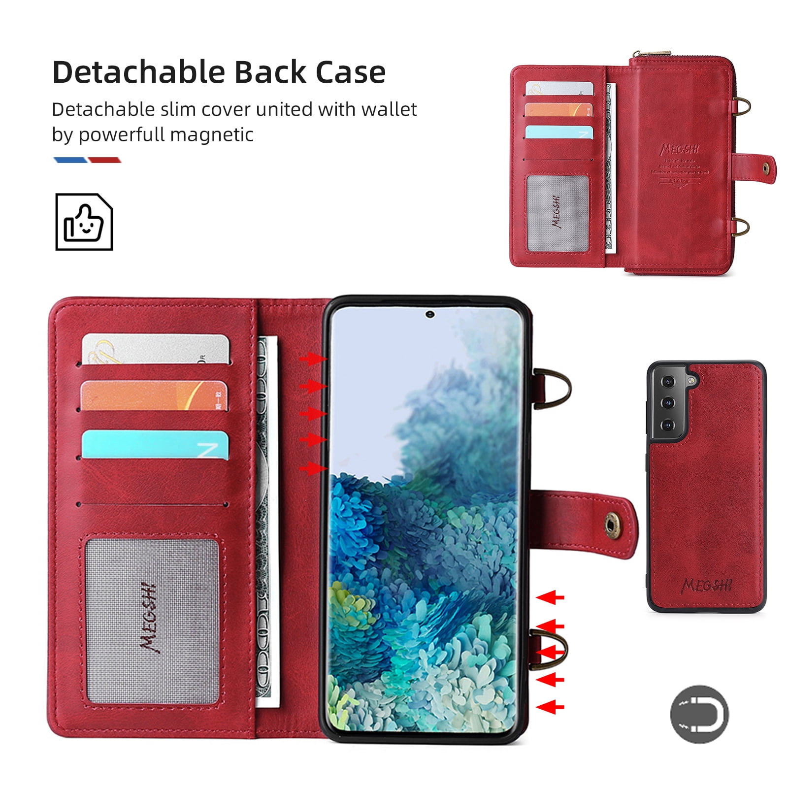 Galaxy S22 Wallet Case Premium Leather Flip Zipper Detachable Magnet Wallet Stand Card Holder Case with Crossbody Lanyard Strap Zipper Pocket Cover for Samsung Galaxy S22 6.1 inch 2022,Red
