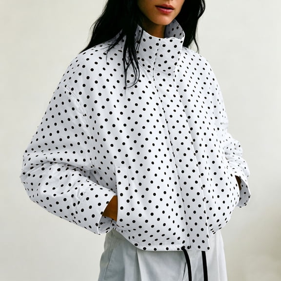 Sheghy Women's Print Long Sleeve Stand Collar Zip-Up Jacket with Drawstring Hem and Pockets Casual Outerwear White