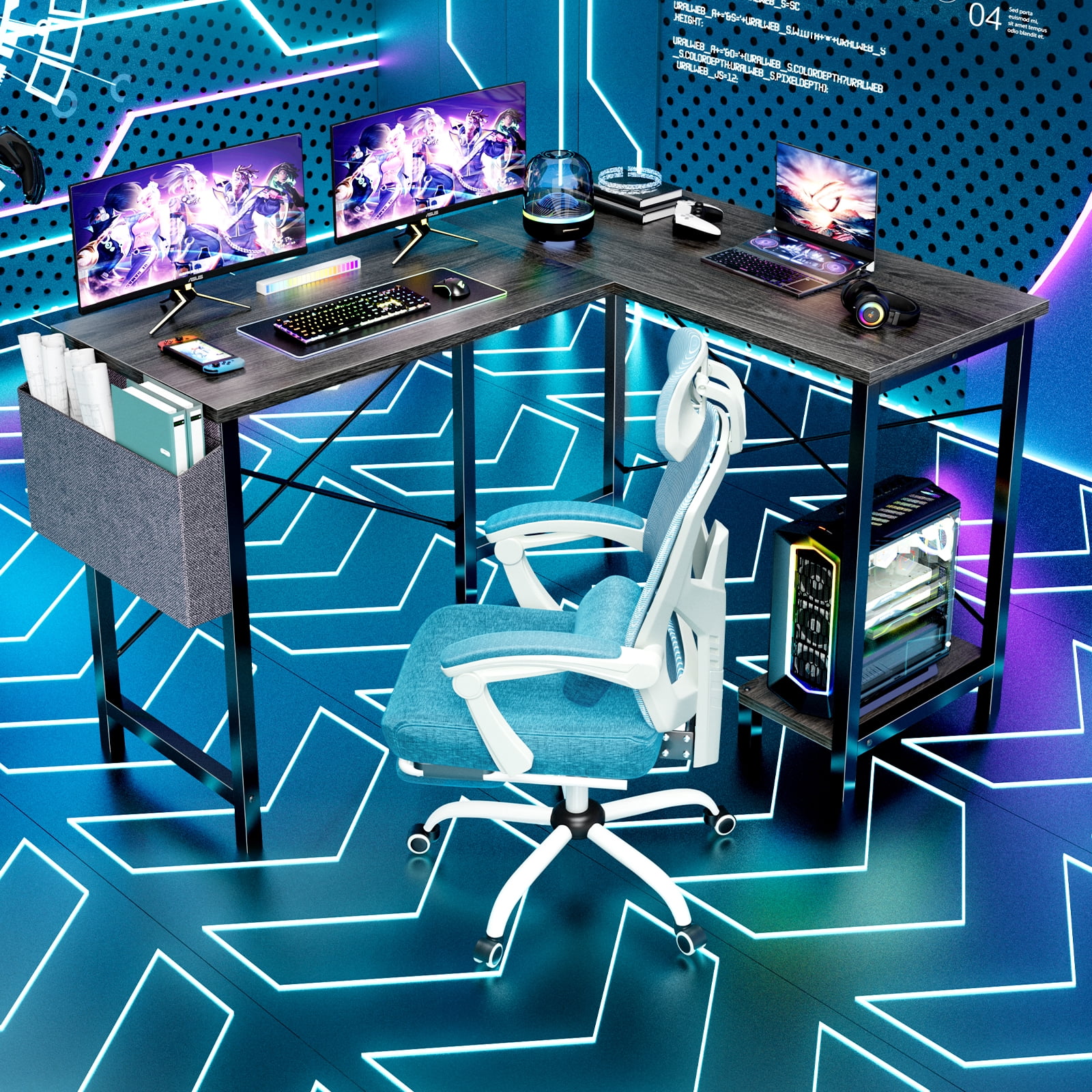 EDX L Shaped Gaming Desk with Wooden Desktop CPU Stand Side Bag Reversible for Home Office Small Space, Grey