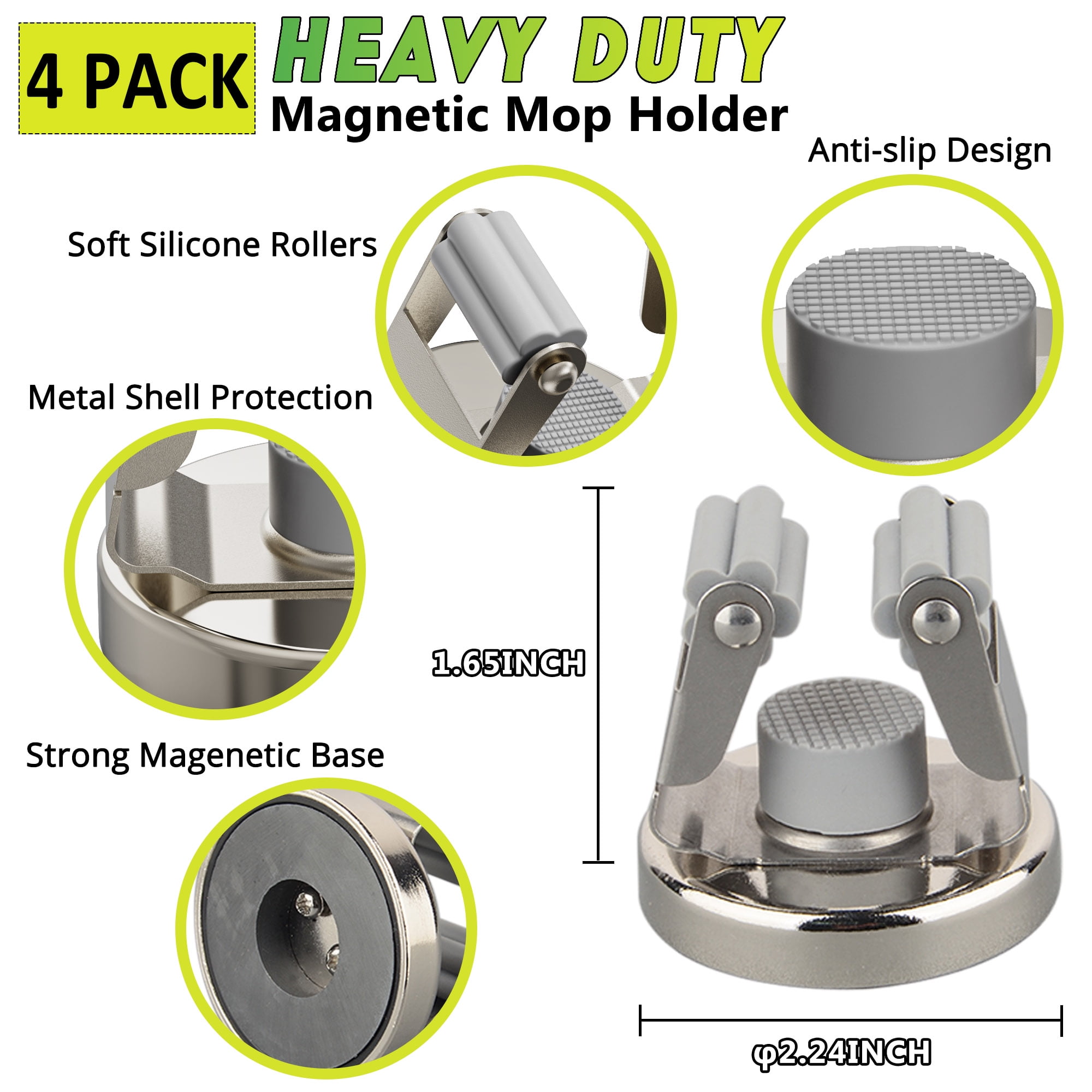 ULIBERMAGNET Magnetic Mop Broom Holder,Heavy Duty Movable Magnetic Tools Holder,Anti-Slip Magnetic Mounted Utility Storage Mop Shovel Hanger for Garage, Kitchen, Laundry, Garden(4 Pack/Silver)