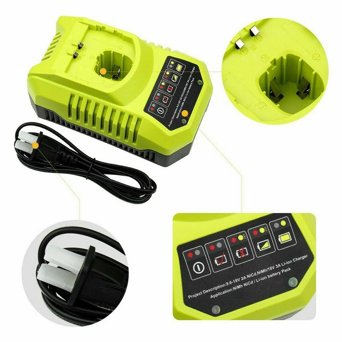 US Plug 18V P117 Fast Charger for Ryobi ONE+ Plus P108 Li-ion Ni-MH Ni-CD Battery P107 P104