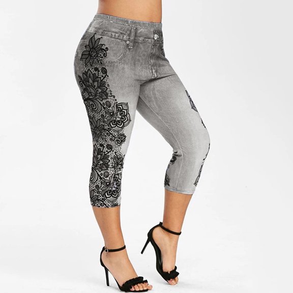 Summer Savings Clearance! SHOPESSA Women's Fashion Panel Denim Leggings Summer Capris Leggings Yoga Pants