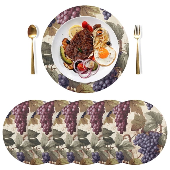 Grapes with Leaves Round Plate Mats Non-Slip Place Mat Washable PVC Table Mats Set of 4 Heat Resistant Table Decoration for Kitchen Dining