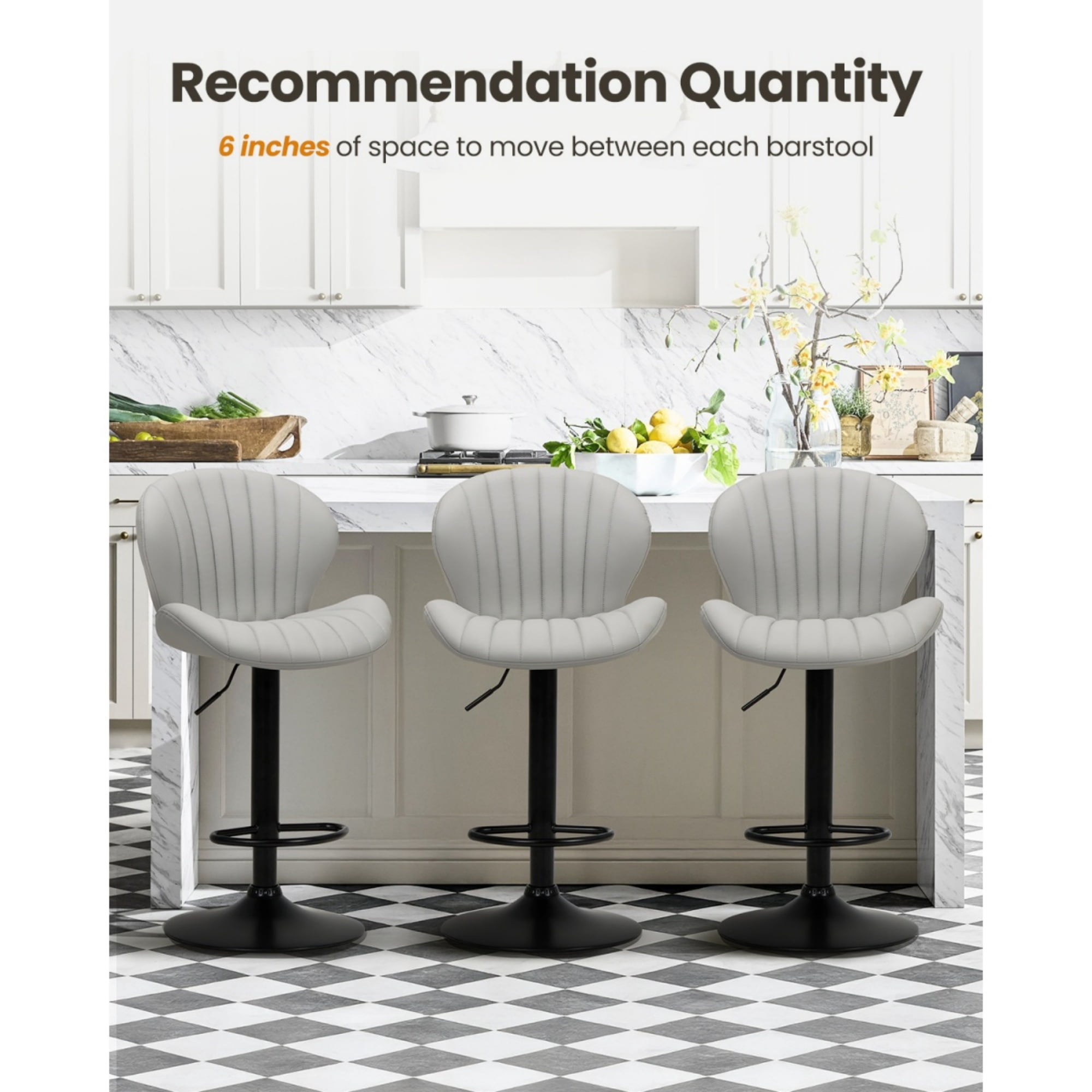 EOP Swivel Bar Stools Set of 4, Modern Upholstered Adjustable Height Counter Stools with Footrest, Faux Leather Upholstered BarStools with Metal Frame, Bar Chairs with Backrest, Gray