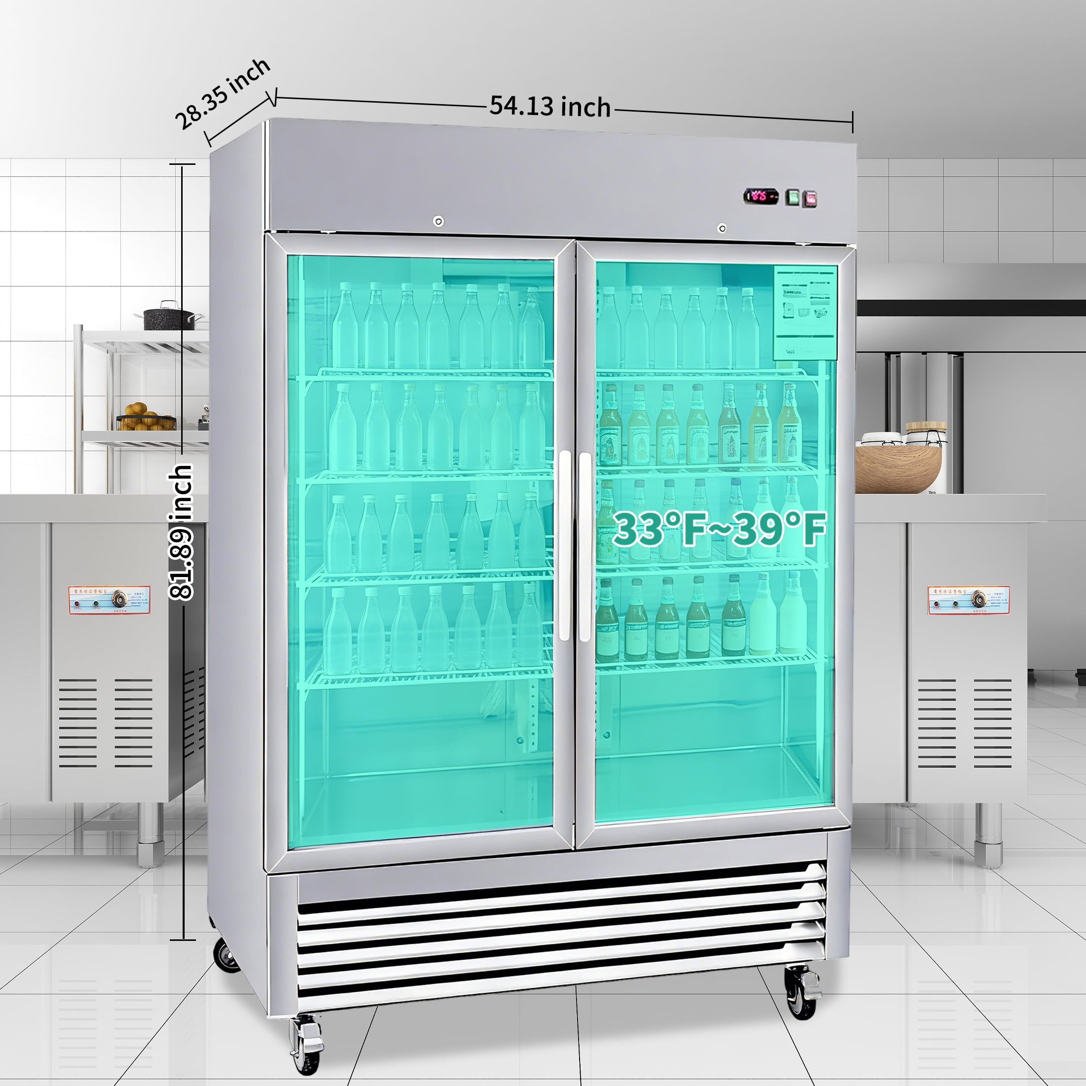 CTOSPOATO 54"W Commercial Refrigerator 2 Glass Door Stainless Steel Interior and Exterior Construction,42.2 Cu.ft.for Restaurant,Bar,Shop