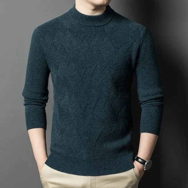 Suéter de otoño e invierno 2024 nuevo suéter de cuello alto medio grueso de jacquard natural para hombre, ropa interior informal de punto, suéter de manga larga