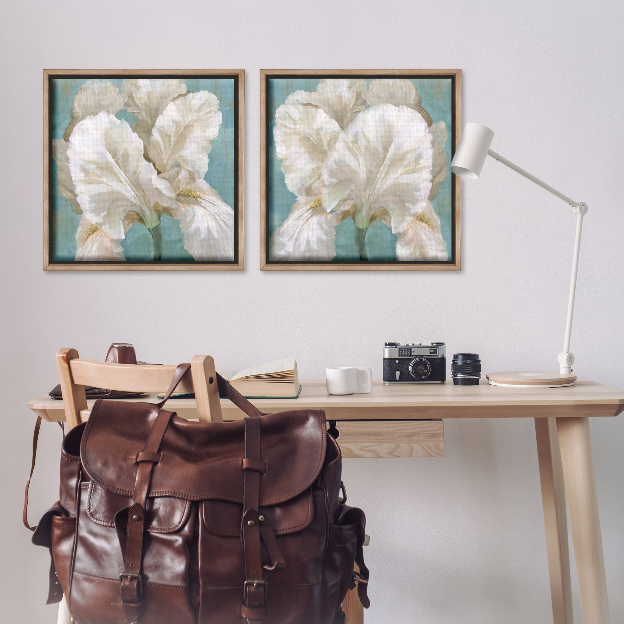 Stupell Industries White Iris Flower Plants & Flowers Painting Brown Floater Framed Canvas Art Print Wall Art, 25 x 25, Set of 2