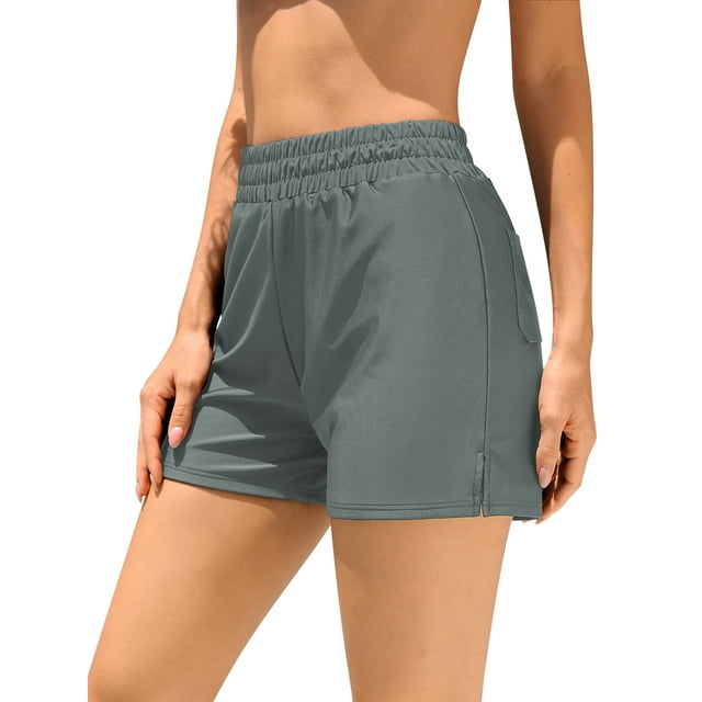 Charmo Womens Elastic Waist Swim Shorts High Waisted Tummy Control Swimming Shorts