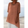 thumbnail image 2 of Olyvenn Plus Size Linen Shirts for Women Irregular Hem Crewneck Short Sleeve Tunic Tops Summer Casual Fashion Loose Blouse Brown XXL, 2 of 6
